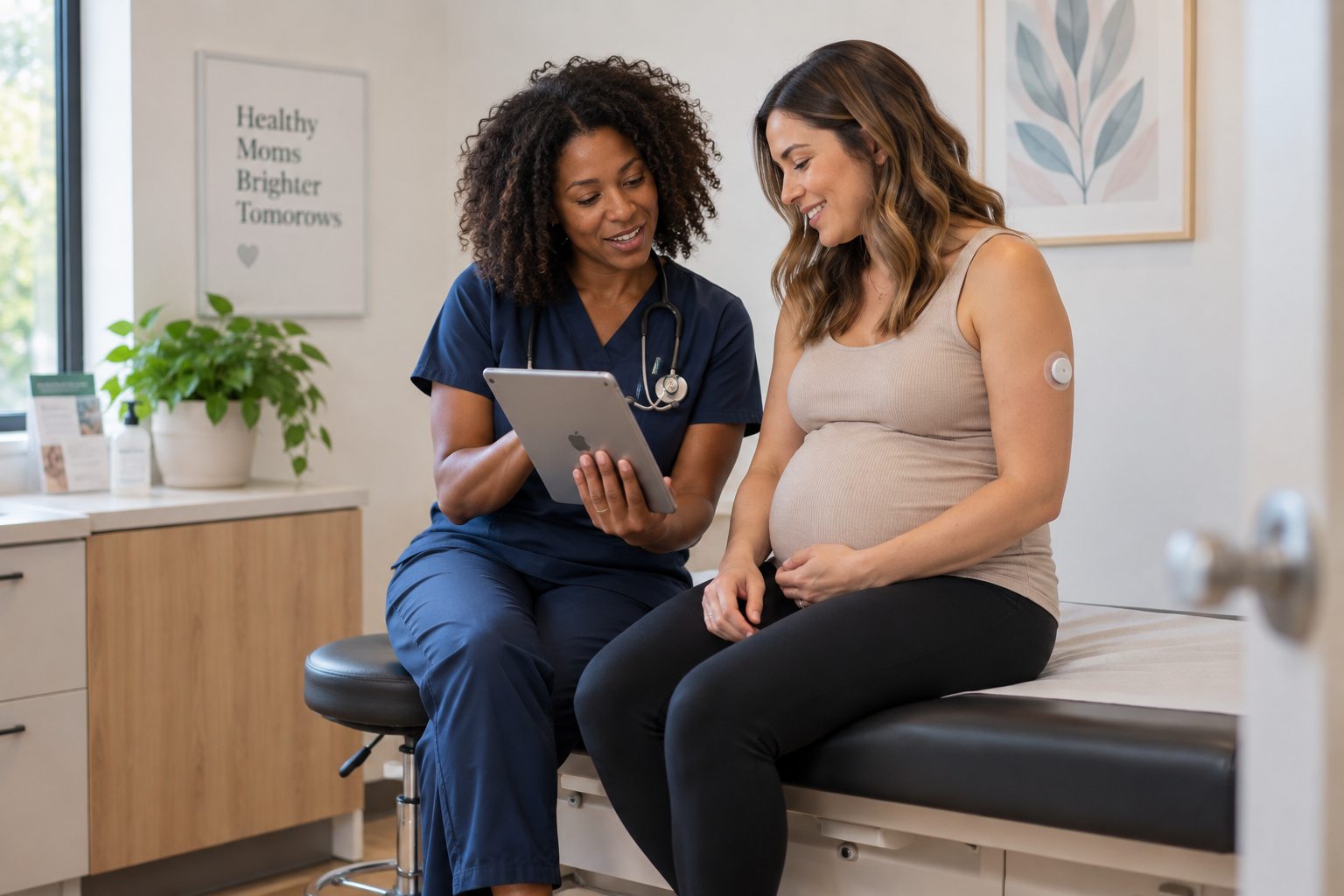 Clinician reviewing glucose data on a tablet with a pregnant patient wearing a CGM