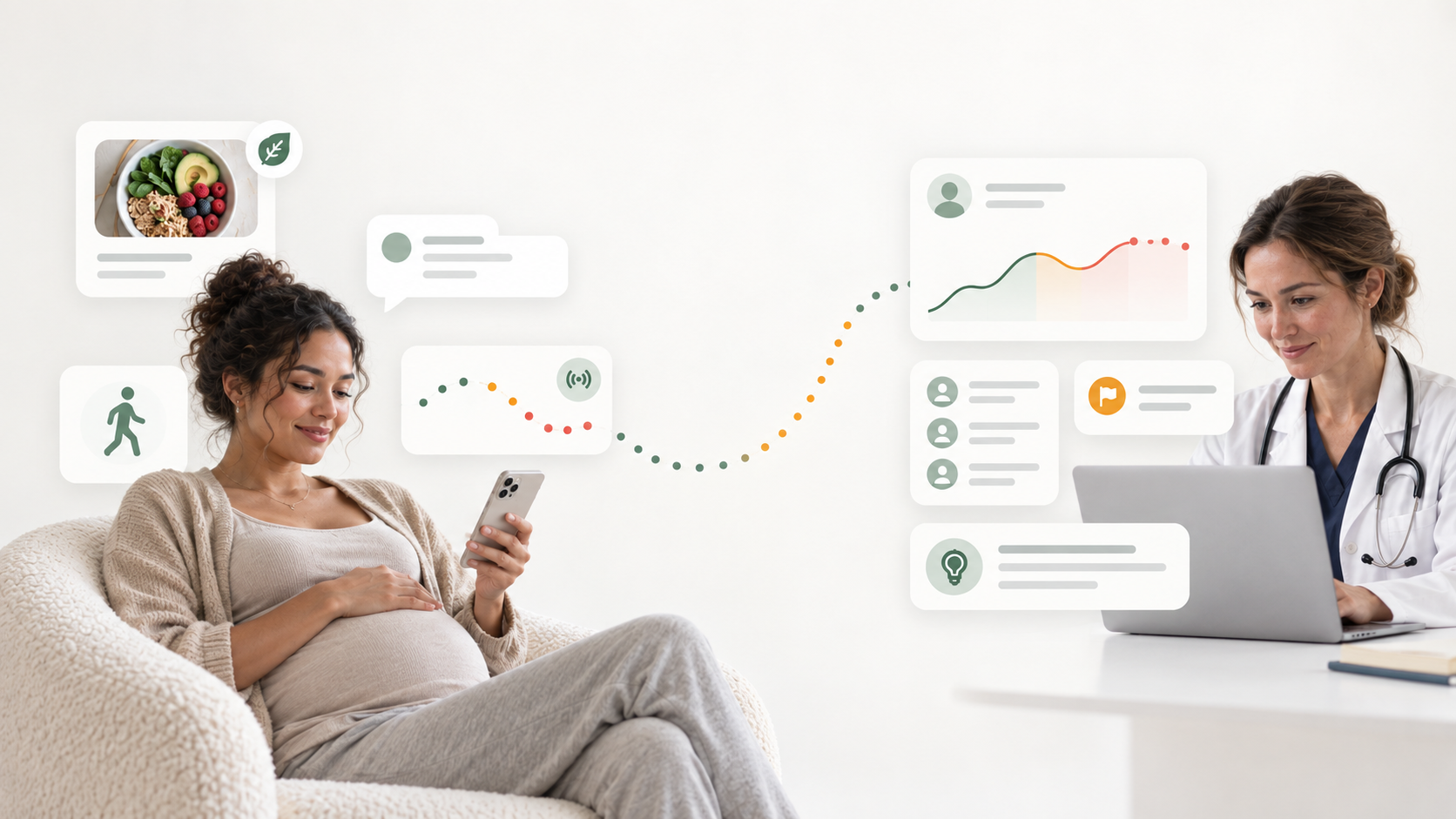 Patient tracking on the companion app while a clinician reviews glucose trends